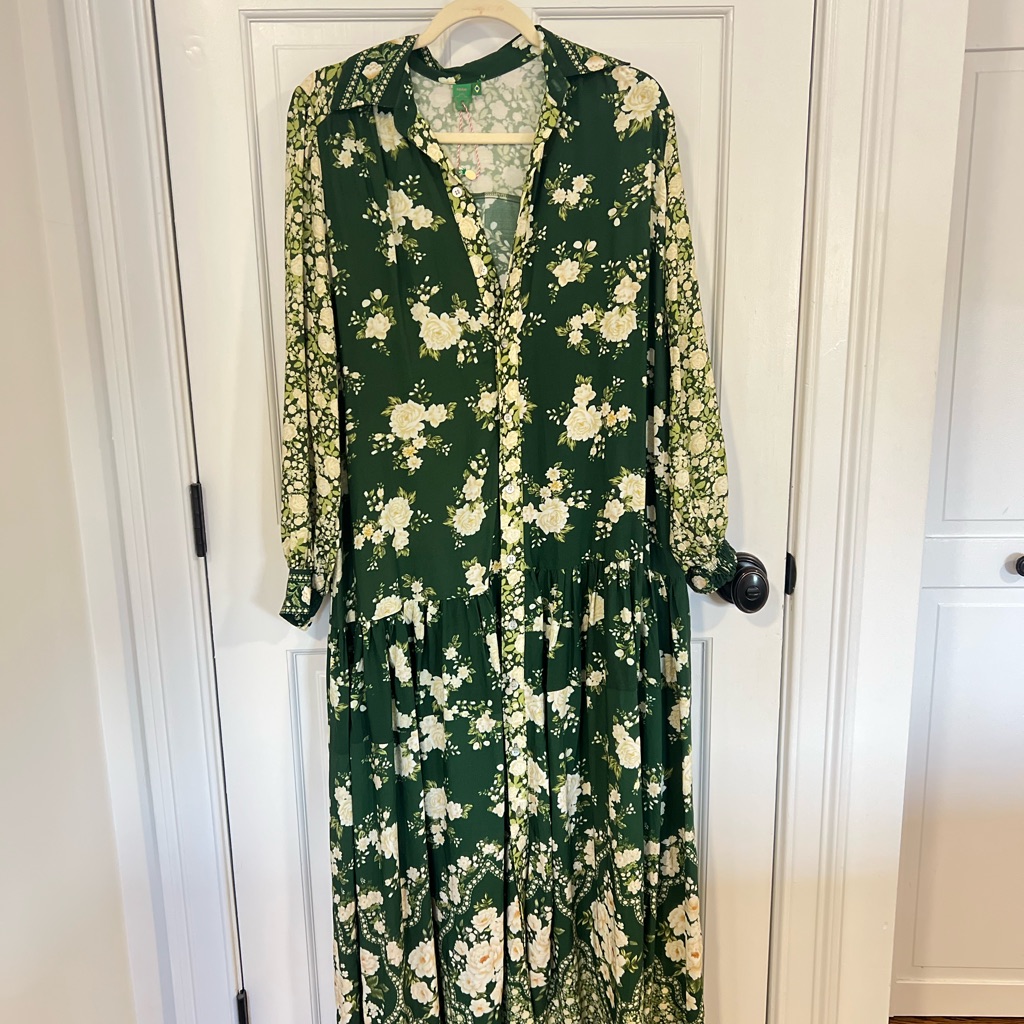 Farm Rio Mixed Prints Maxi Dress Long Sleeve V Neck Tiered Ruffled Hem Size P